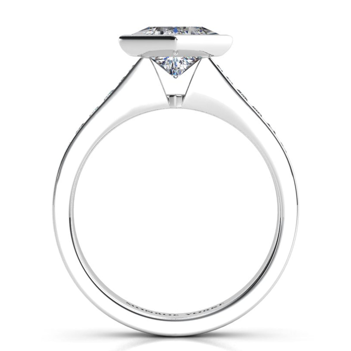 Nash - GIA Certified Princess Cut Ring, Beautiful Side View showing the unique and amazing centre diamond setting. White gold or Platinum