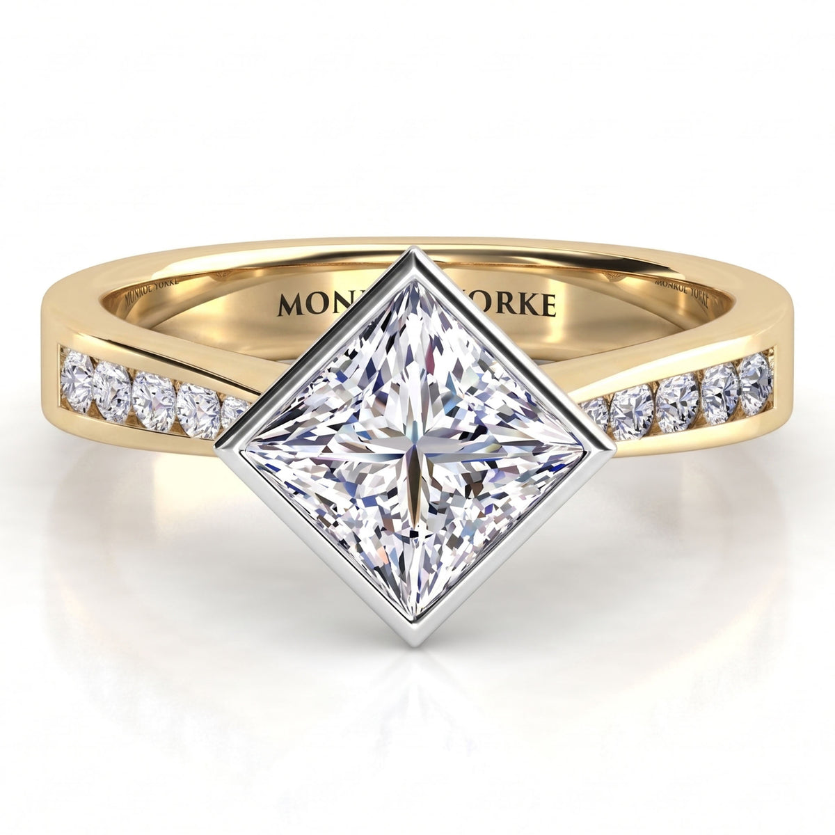 Nash - Yellow gold princess cut diamond engagement ring, centre diamond bezel set at a 45 degree angle.