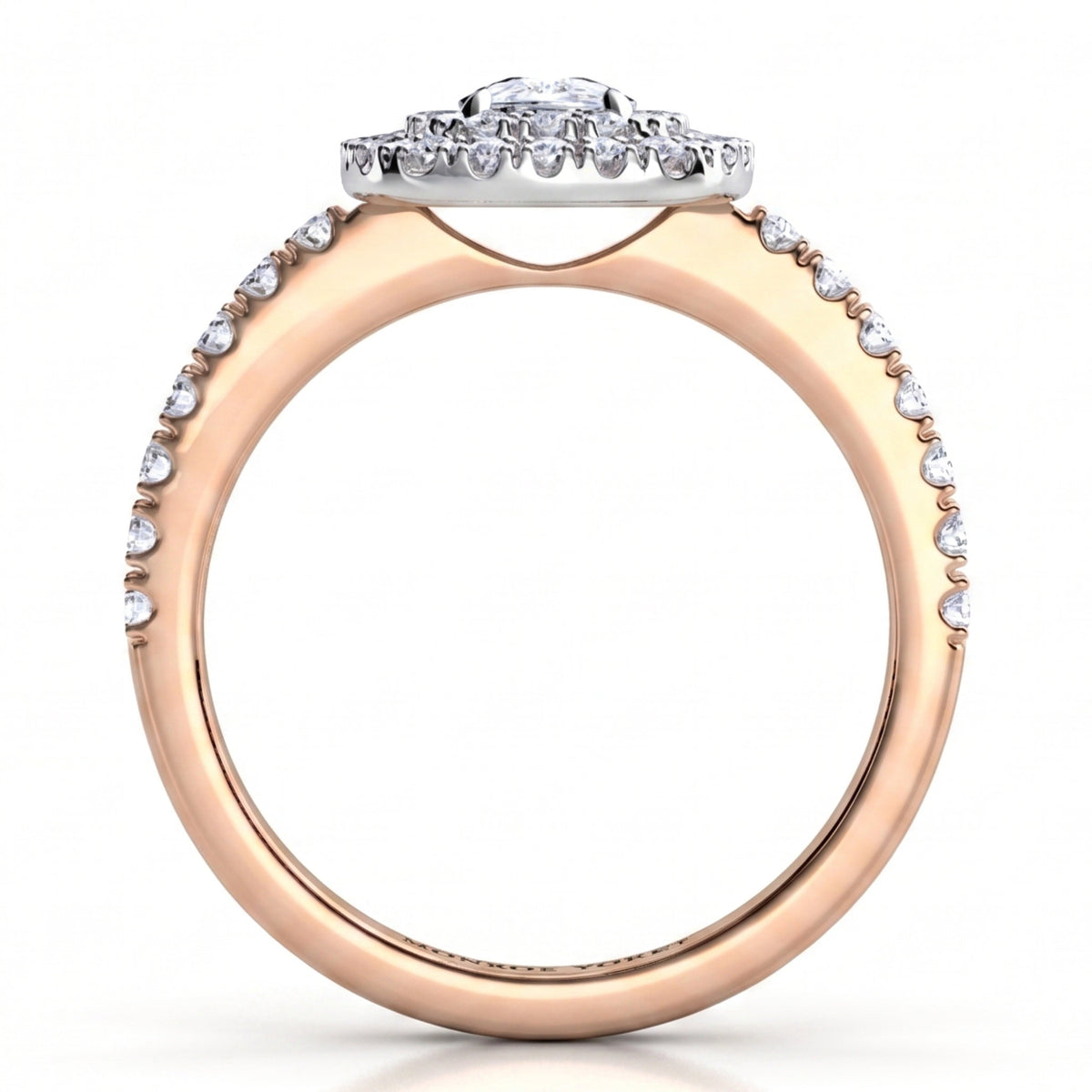 Norah cushion cut double halo engagement ring in rose gold, straight profile showing the halo disk edge on and the diamond set shoulders.