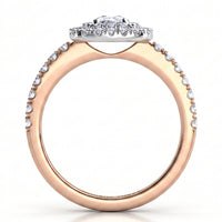 Norah cushion cut double halo engagement ring in rose gold, straight profile showing the halo disk edge on and the diamond set shoulders.