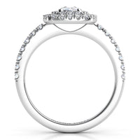Norah cushion cut double halo engagement ring in white gold or platinum, straight profile showing the halo disk edge on and the diamond set shoulders.
