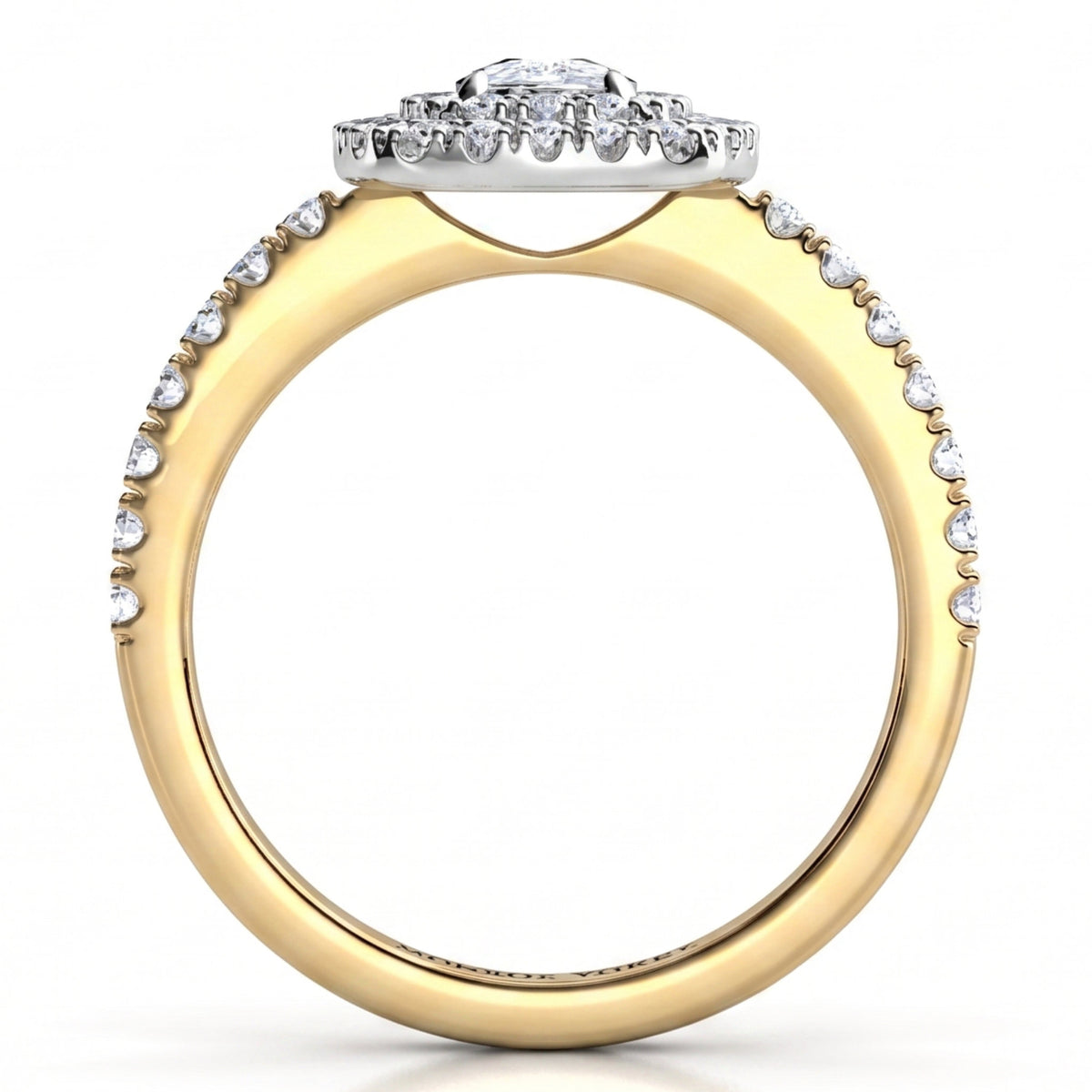 Norah cushion cut double halo engagement ring in yellow gold, straight profile showing the halo disk edge on and the diamond set shoulders.