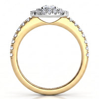 Norah cushion cut double halo engagement ring in yellow gold, straight profile showing the halo disk edge on and the diamond set shoulders.
