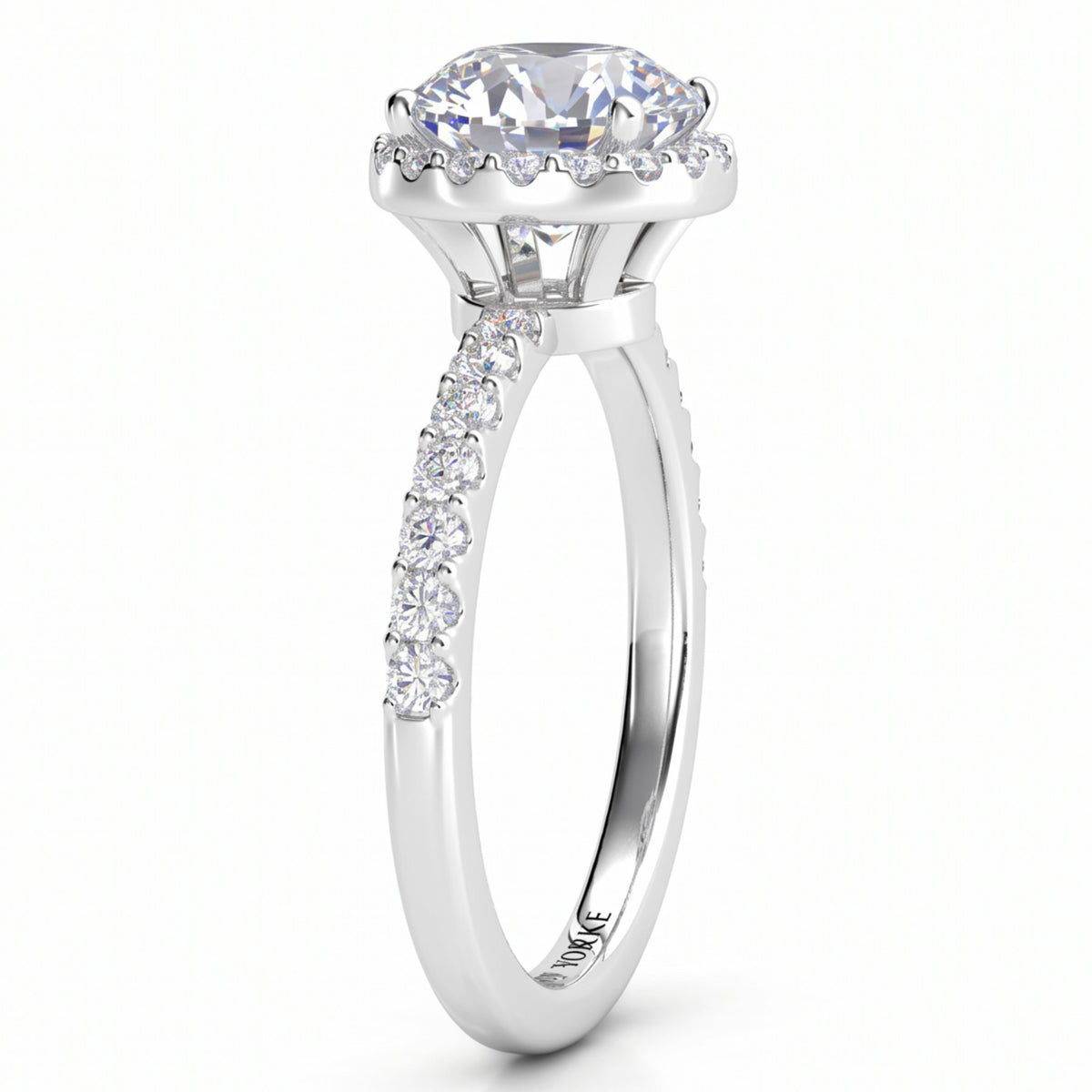Orion engagement ring in white gold or platinum, side view showing the hidden halo and the micro claw set band.
