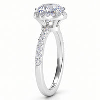 Orion engagement ring in white gold or platinum, side view showing the hidden halo and the micro claw set band.