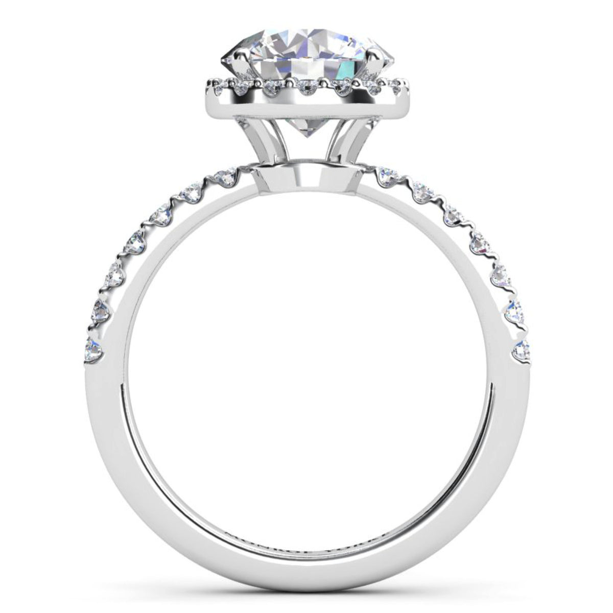 Orion engagement ring in white gold or platinum, second side view of the hidden halo setting.