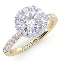 Orion yellow gold engagement ring, round centre diamond with a hidden halo beneath the girdle and micro claw set diamonds along the shank, Monroe Yorke engraved inside the band.