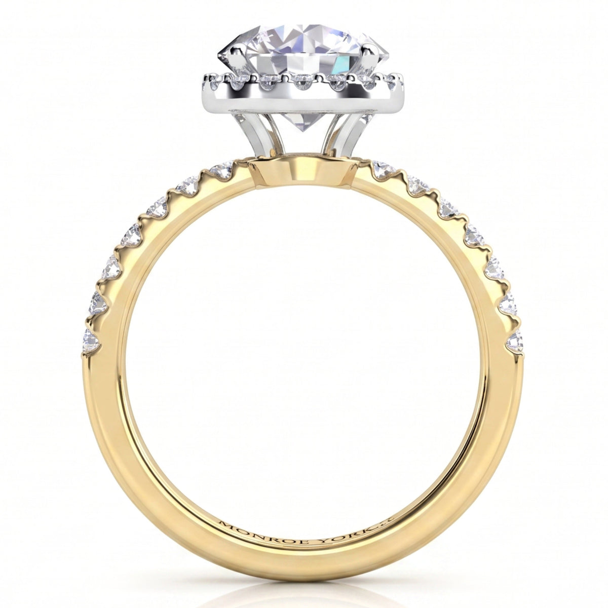 Orion yellow gold engagement ring, round centre diamond with micro claw set diamonds running along the band.