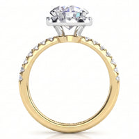 Orion yellow gold engagement ring, round centre diamond with micro claw set diamonds running along the band.