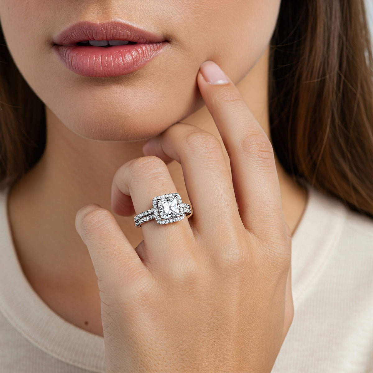 Dawn princess cut diamond halo ring with its matching wedding ring — view 8