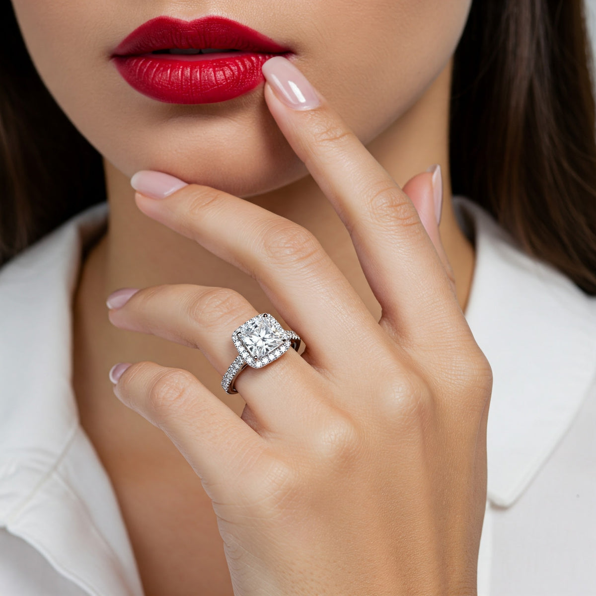 Dawn princess cut diamond halo ring on a hand  — view 7