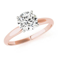 Promise classic solitaire engagement ring in rose gold, front view with the round brilliant held in four claws