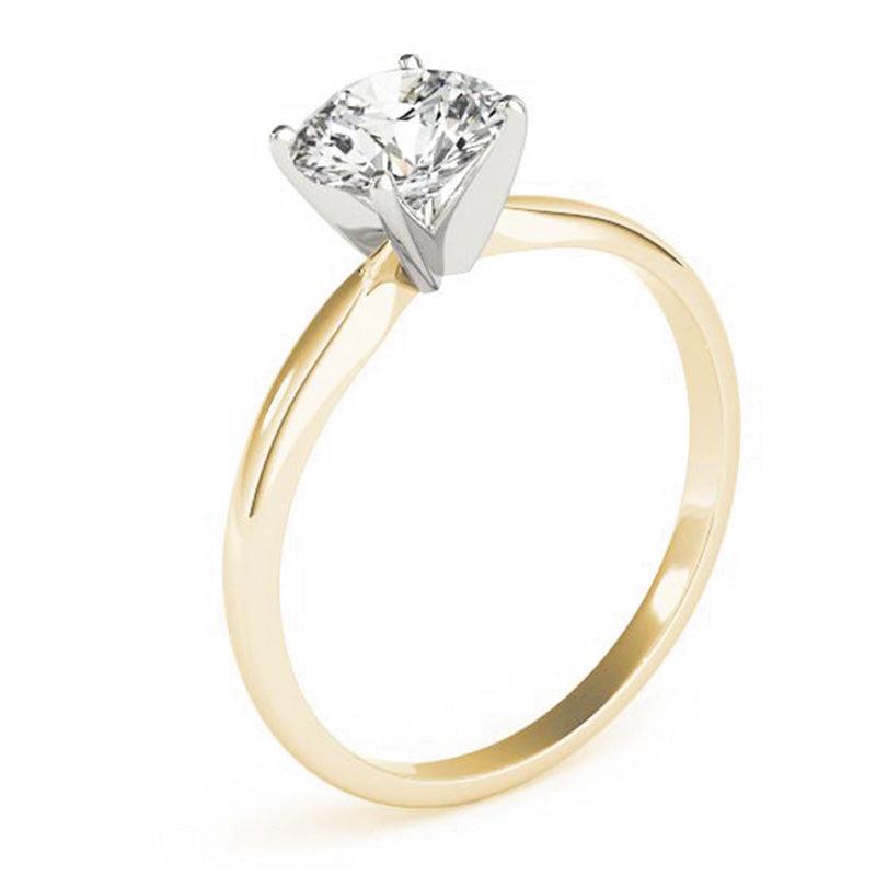 Promise yellow gold solitaire ring, side profile showing the white gold claw head above the warm band