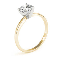 Promise yellow gold solitaire ring, side profile showing the white gold claw head above the warm band