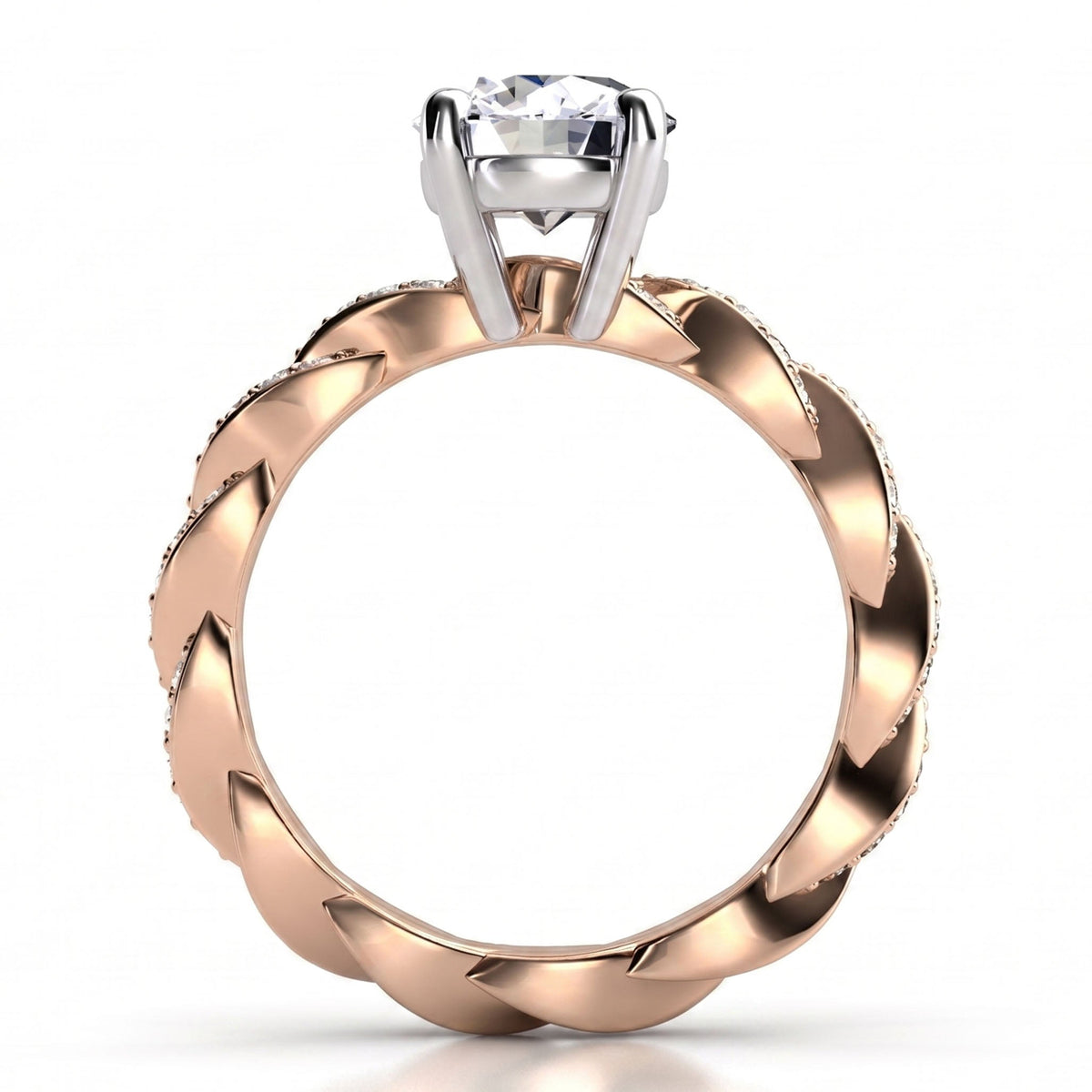 Quinn engagement ring in rose gold, side view showing the braided band.