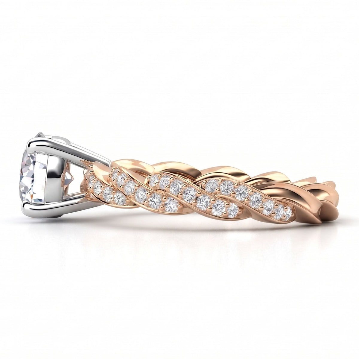 Quinn engagement ring in rose gold, close view of the braid detail.