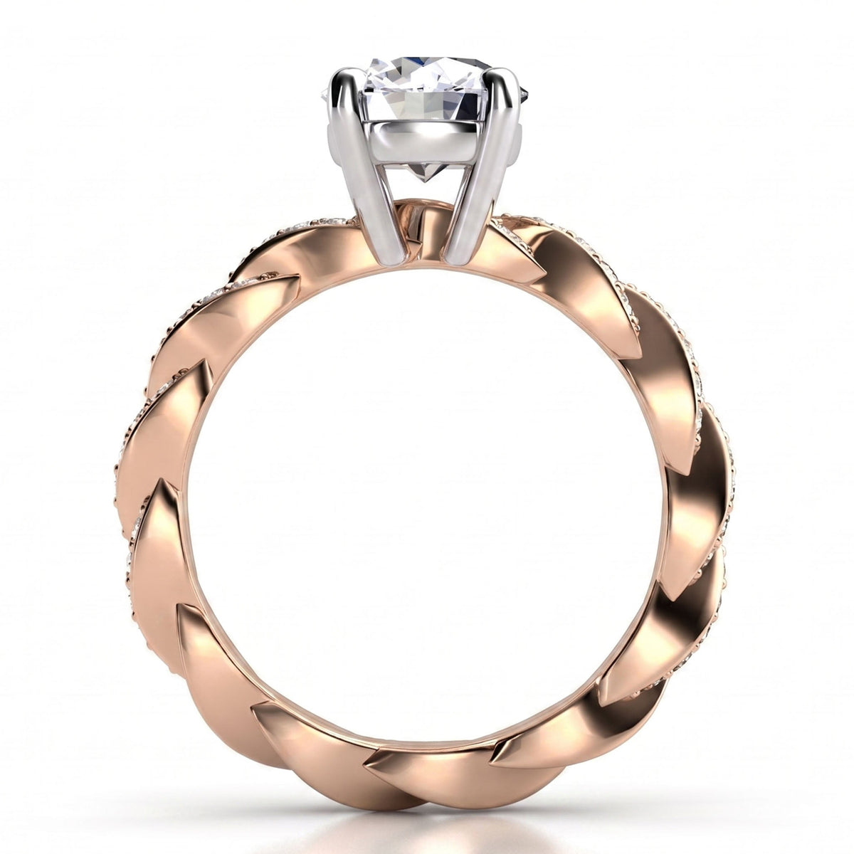 Quinn engagement ring in rose gold, second side view of the centre setting.