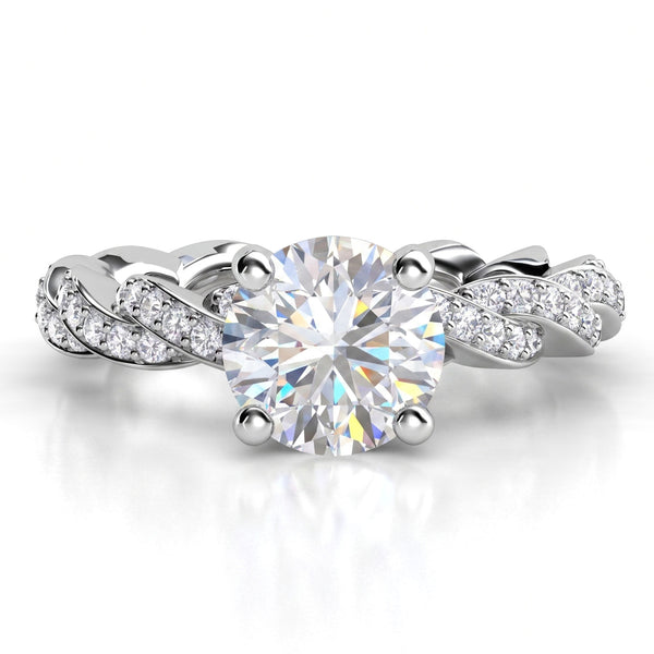 Quinn in Platinum or White Gold - Unique round brilliant diamond engagement ring with a braided band. 
