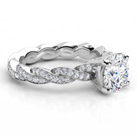 Quinn in platinum or White Gold - Unique round diamond ring.  Side view showing the braided band