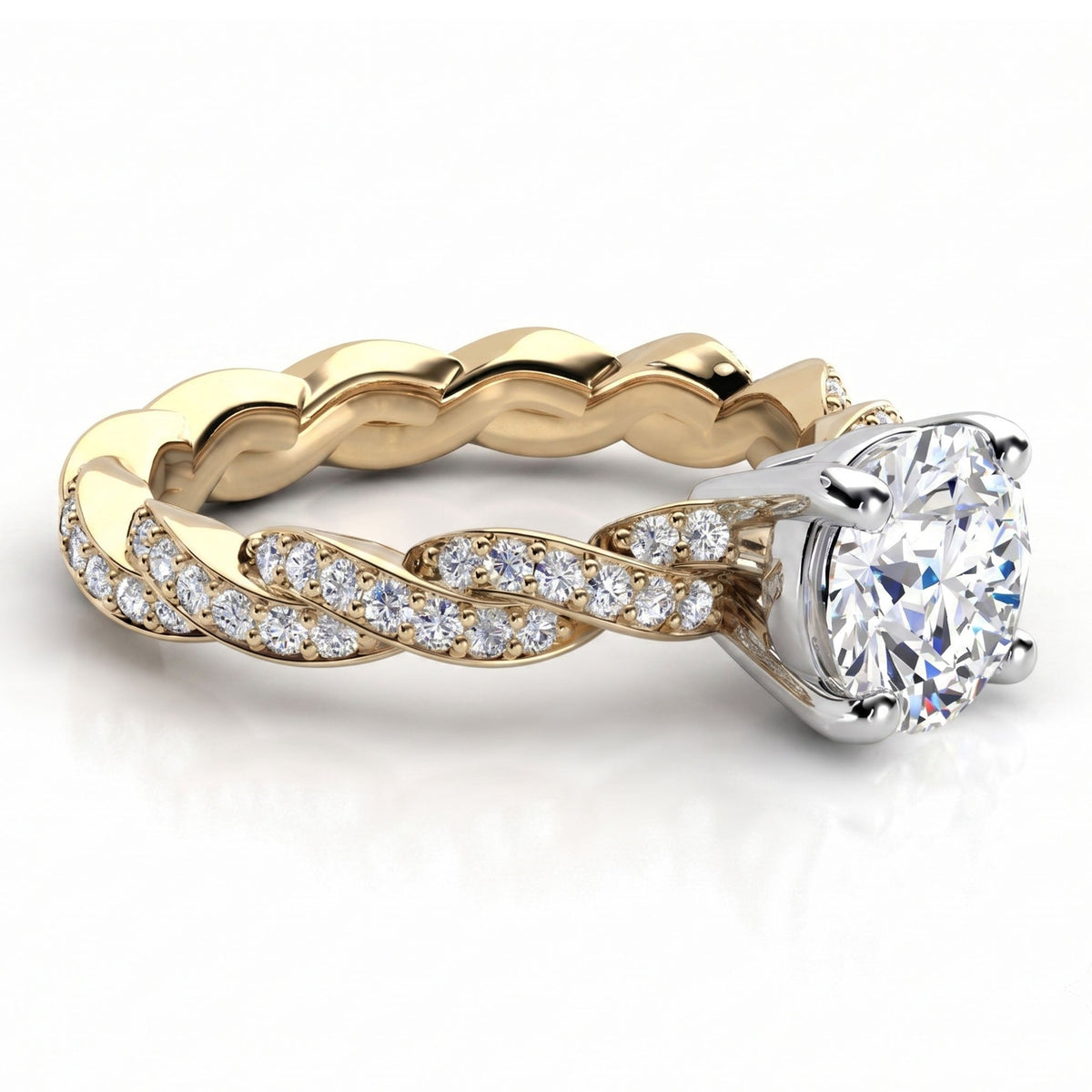 Quinn engagement ring in yellow gold, showing the twist of gold against the pave diamonds.