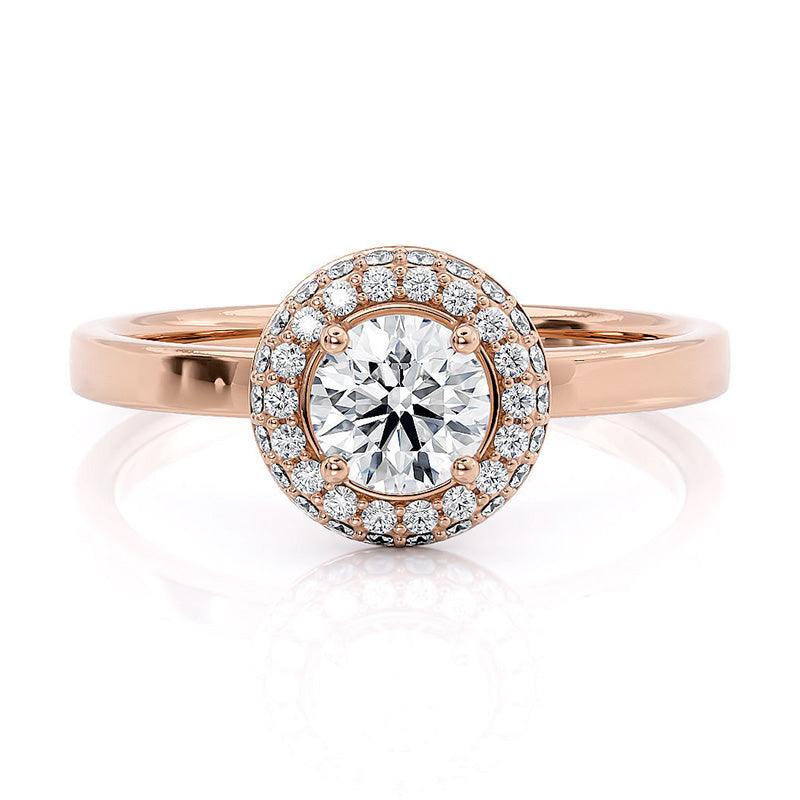 Roma double halo engagement ring in rose gold, front view showing both rows of halo curving away from the centre diamond