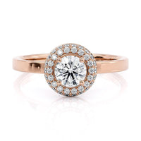 Roma double halo engagement ring in rose gold, front view showing both rows of halo curving away from the centre diamond