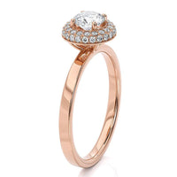 Roma rose gold double halo ring, angled view showing the flat band