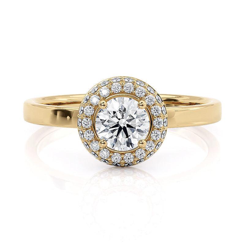 Roma double halo engagement ring in yellow gold, front view showing both rows of halo curving away from the centre diamond