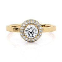 Roma double halo engagement ring in yellow gold, front view showing both rows of halo curving away from the centre diamond