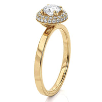 Roma yellow gold double halo ring, side view showing the flat band meeting the raised halo