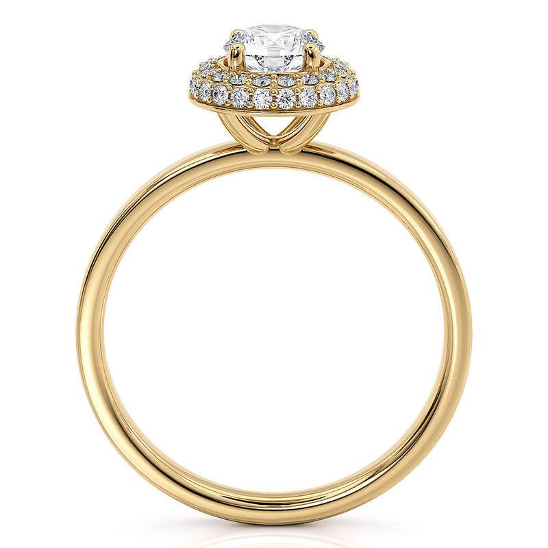 Roma yellow gold double halo ring, second side view showing the curve of the outer halo row