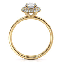 Roma yellow gold double halo ring, second side view showing the curve of the outer halo row