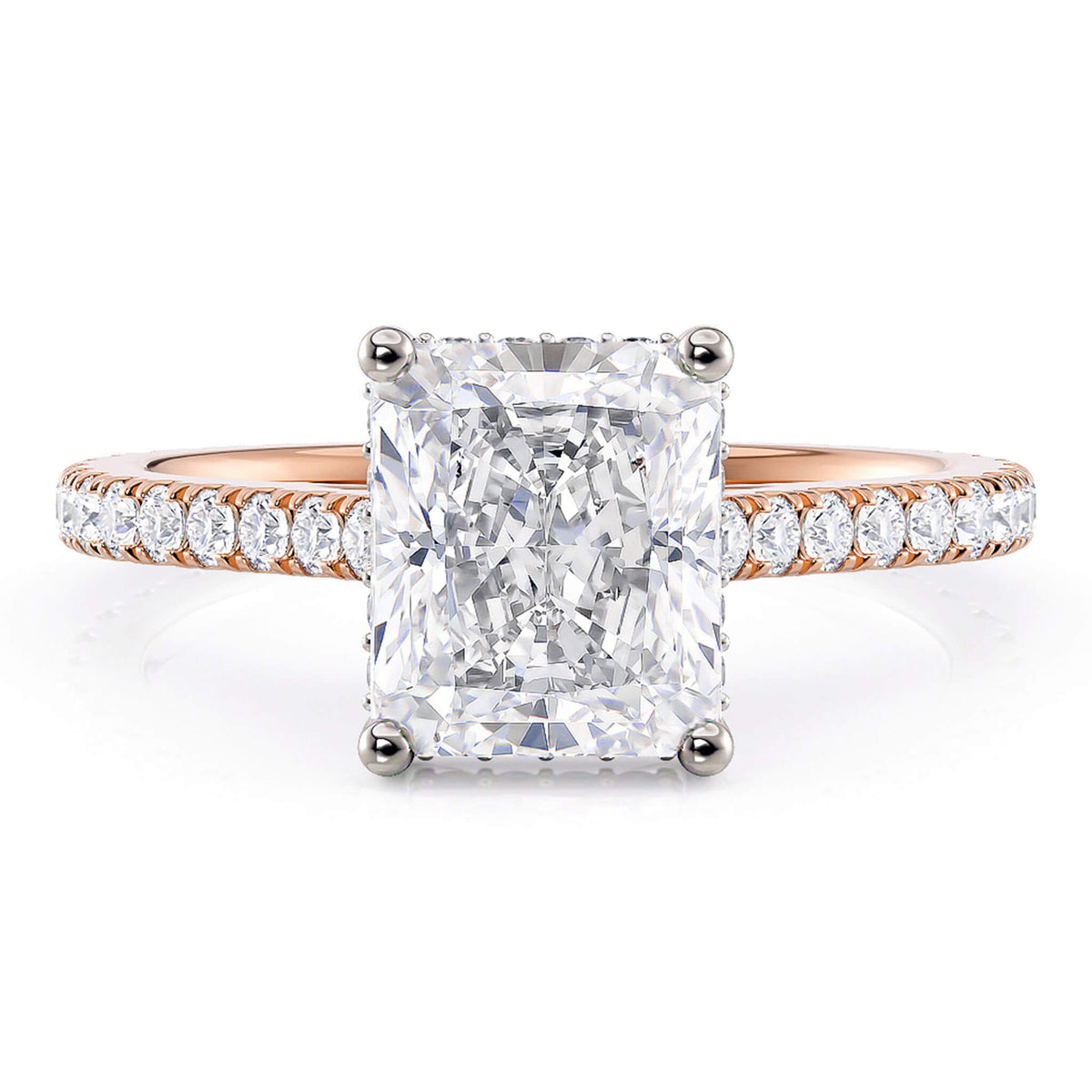 Seville Radiant Cut Diamond Engagement Ring with Hidden Halo – 18ct Rose Gold Romance