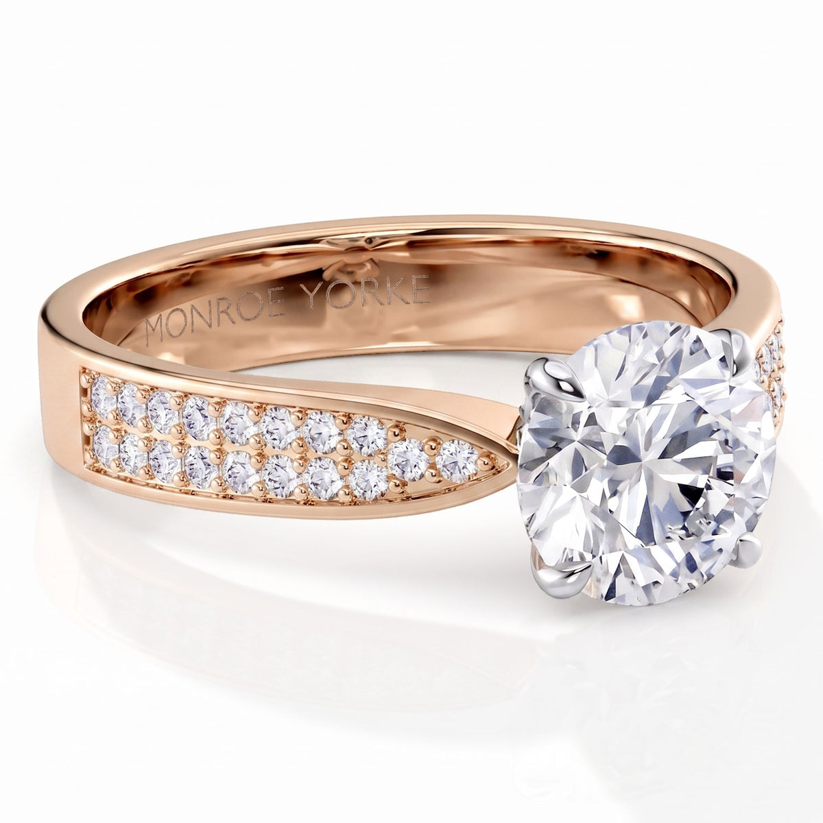 Sophia - Rose gold engagement ring, top view showing the pavé set band.