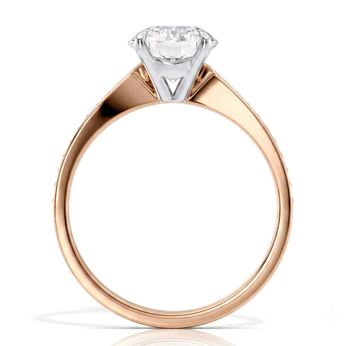 Sophia - Rose gold engagement ring, close view of the pavé diamonds along the shoulders.