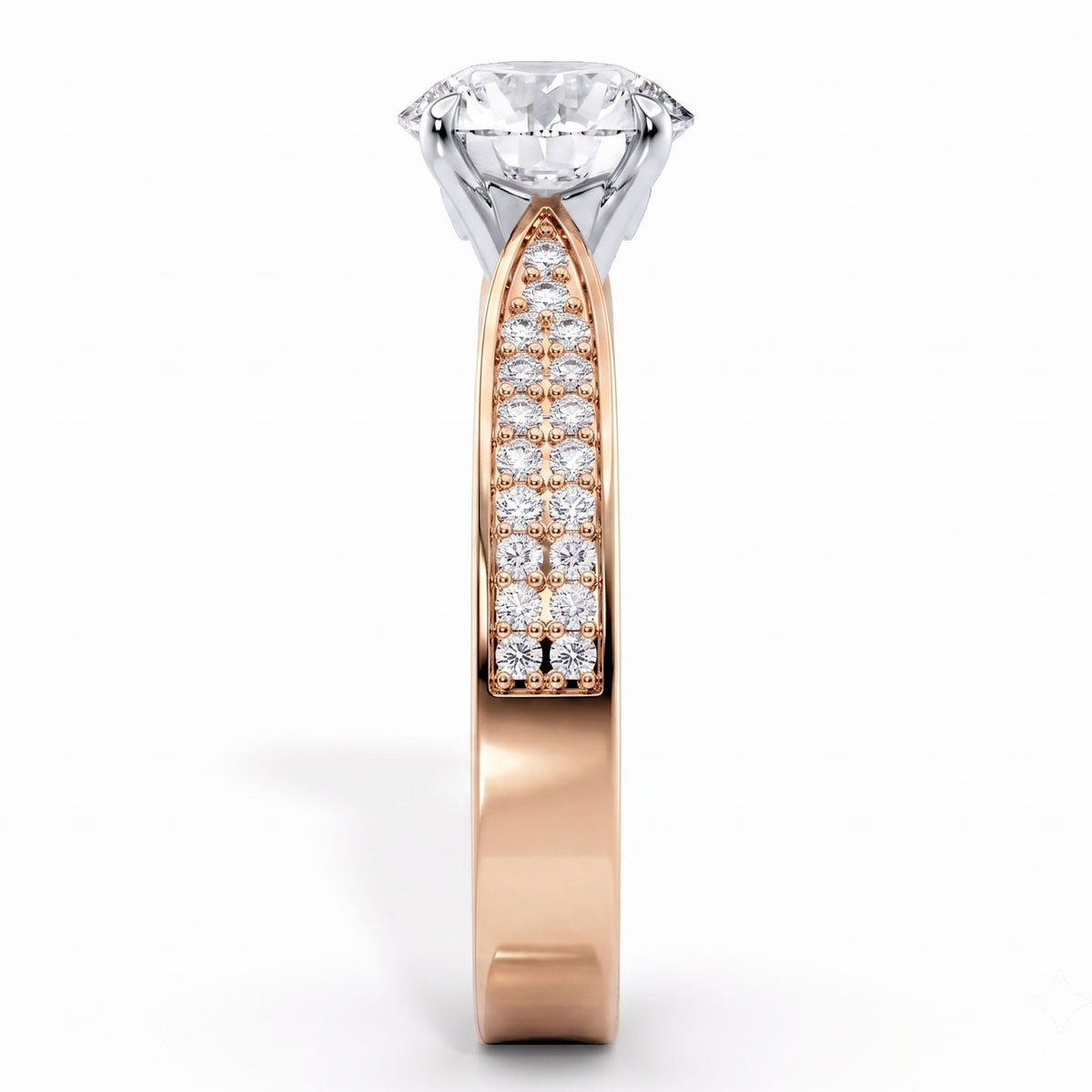 Sophia - Rose gold engagement ring with a round brilliant centre diamond, second side view.