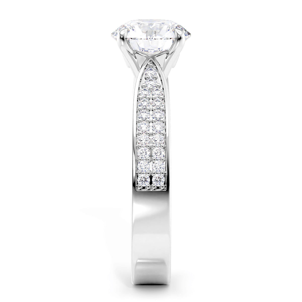 A white gold or platinum solitaire engagement ring featuring a large round brilliant-cut center stone and a pavé-set diamond band, shown on a solid white background.