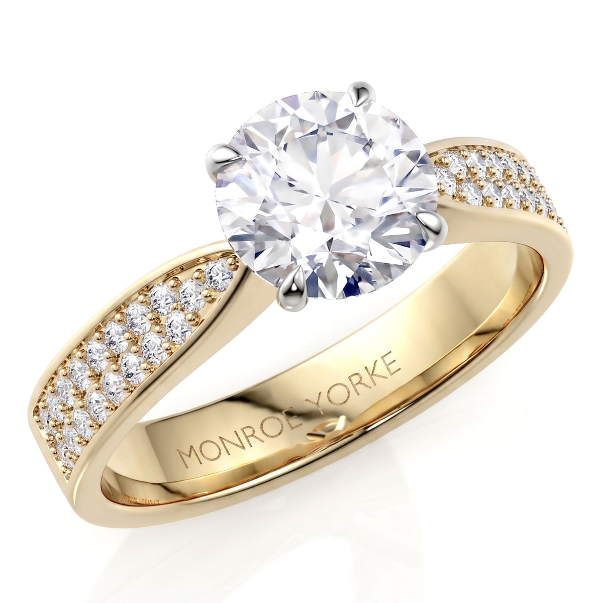 Sophia - A yellow gold solitaire engagement ring with a round brilliant-cut center stone and pavé-set accent stones on the band, set against a clean white background.