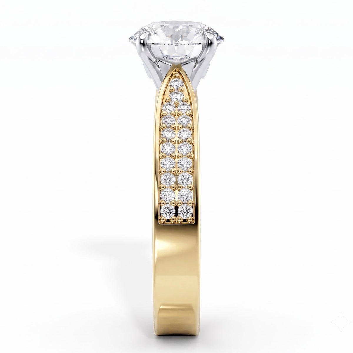 A yellow gold diamond ring with a large round-cut diamond solitaire and a pavé-set diamond band, shown on a clean white background.