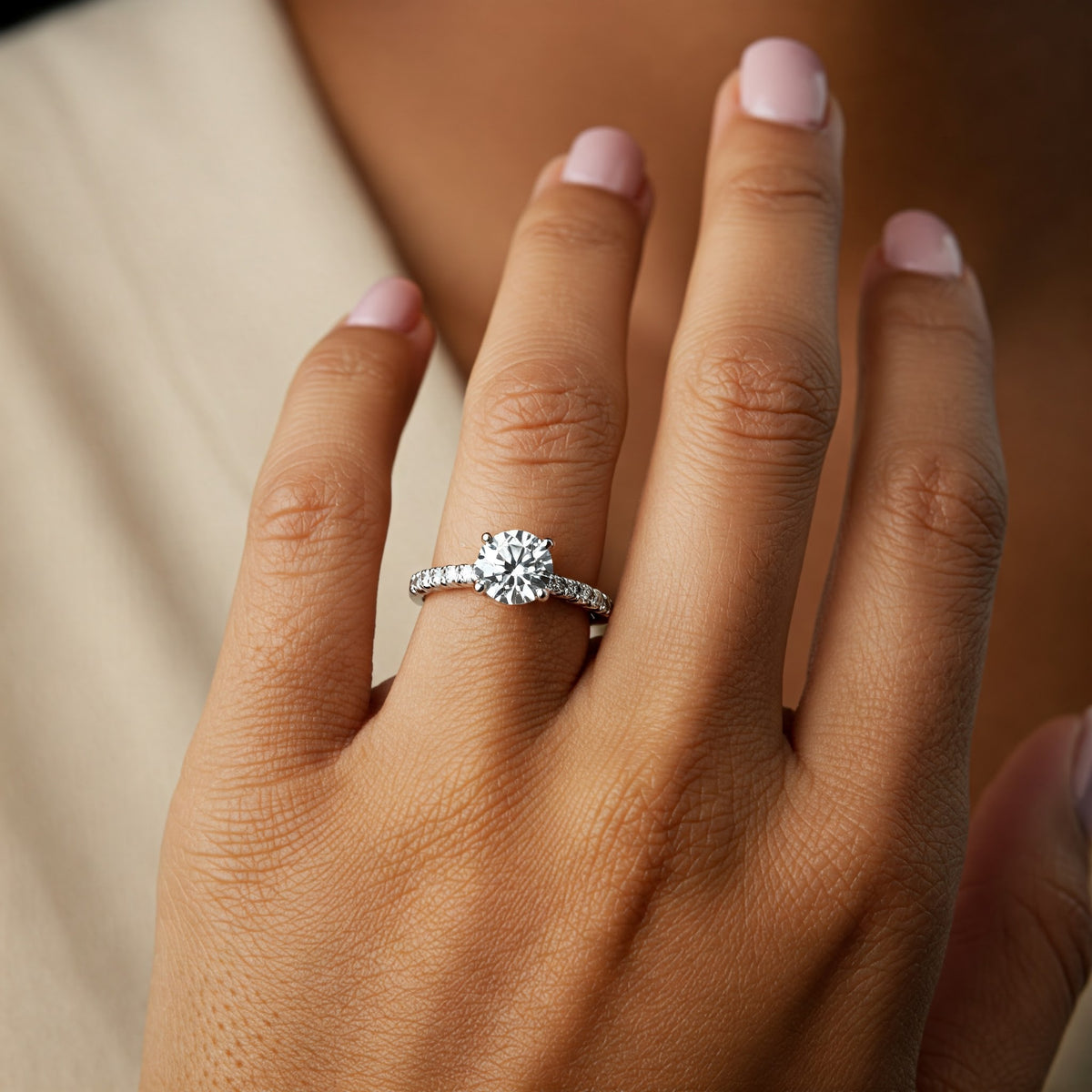 Spring diamond engagement ring in platinum with diamonds on the band.  — view 2