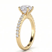 /Side view of Spring - a yellow gold solitaire engagement ring featuring a large round brilliant-cut center stone and a pavé-set row of small clear stones along the shank. 
