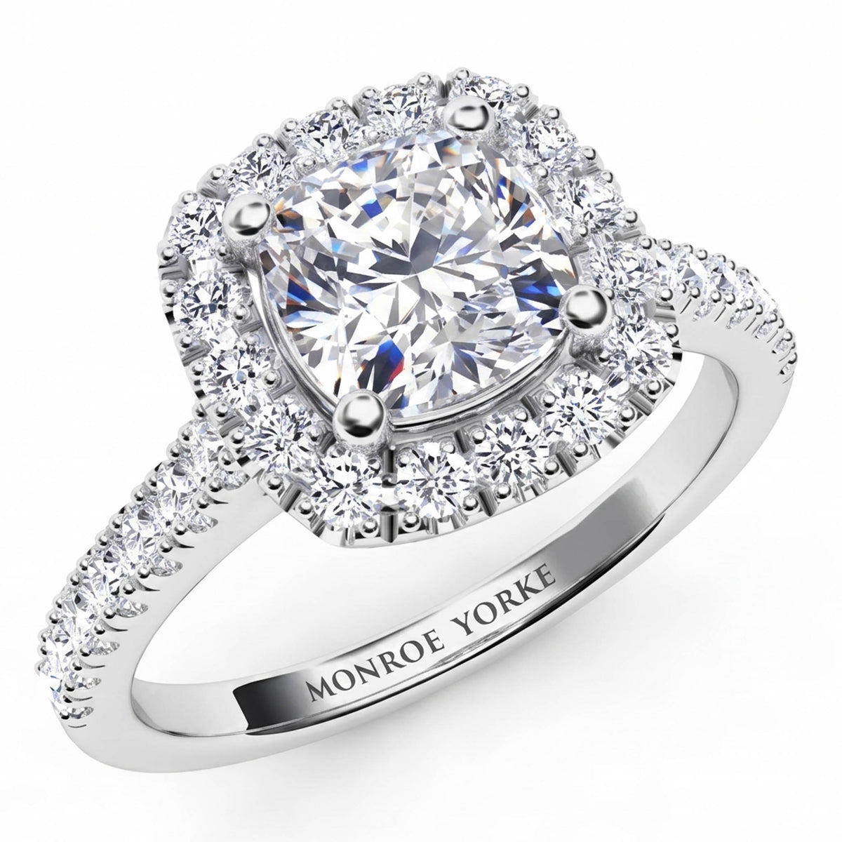 Summer - White Gold or Platinum, GIA certified cushion cut diamond halo engagement ring with diamonds down the band.  
