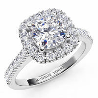 Summer - White Gold or Platinum, GIA certified cushion cut diamond halo engagement ring with diamonds down the band.  