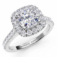 Summer - White Gold or Platinum, GIA certified cushion cut diamond halo engagement ring with diamonds down the band.