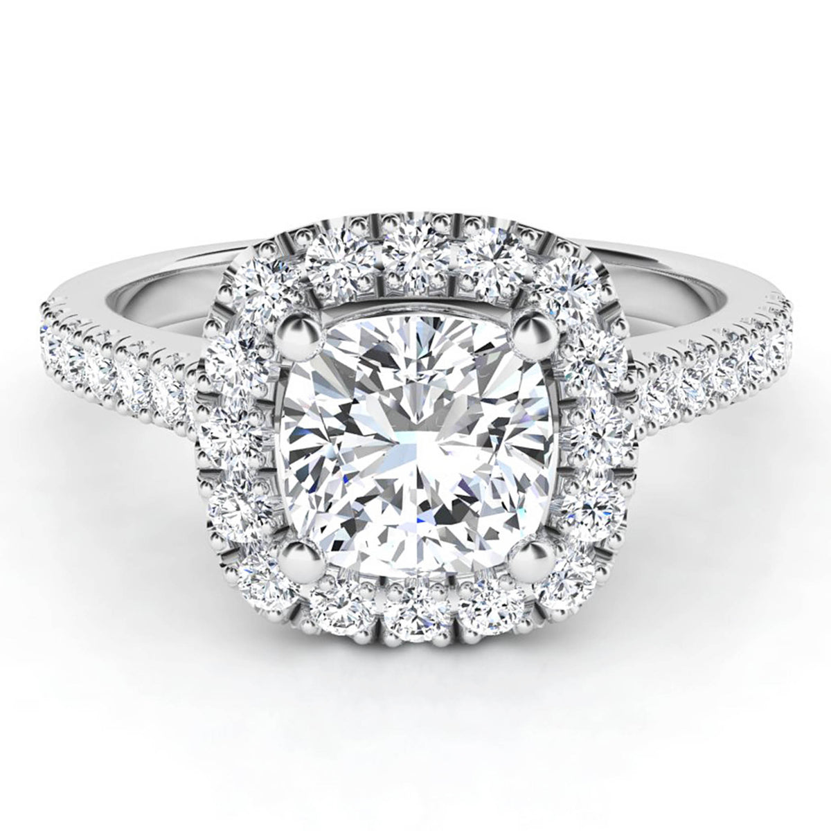 Summer - top view. Cushion cut diamond halo engagement ring with diamonds down the band.  White Gold or platinum