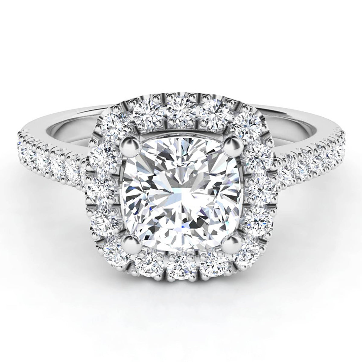 Summer - top view. Cushion cut diamond halo engagement ring with diamonds down the band. White Gold or platinum