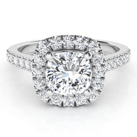 Summer - top view. Cushion cut diamond halo engagement ring with diamonds down the band. White Gold or platinum