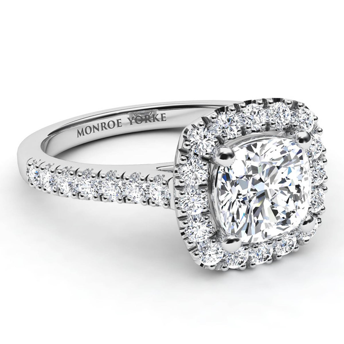 Summer - side view. Cushion cut diamond halo engagement ring with diamonds down the band.  White Gold or Platinum