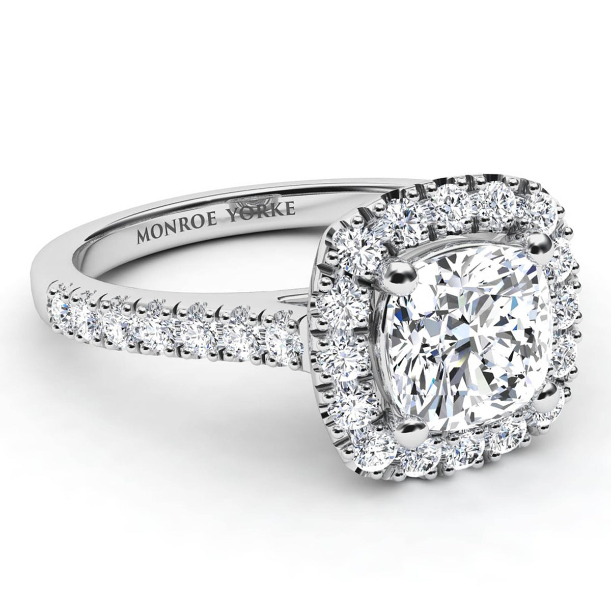 Summer - side view. Cushion cut diamond halo engagement ring with diamonds down the band. White Gold or Platinum