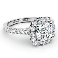 Summer - side view. Cushion cut diamond halo engagement ring with diamonds down the band. White Gold or Platinum
